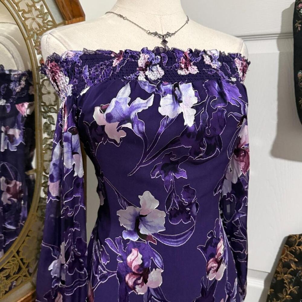 White House Black Market Purple Silk Blend Floral Burnout Off the Shoulder Top - Picture 2 of 8
